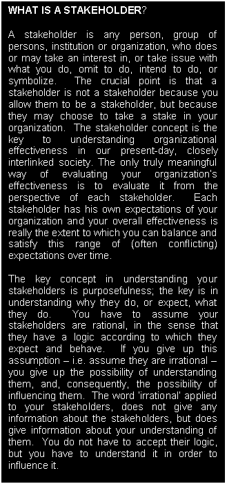 Text Box: WHAT IS A STAKEHOLDER?

A stakeholder is any person, group of persons, institution or organization, who does or may take an interest in, or take issue with what you do, omit to do, intend to do, or symbolize.  The crucial point is that a stakeholder is not a stakeholder because you allow them to be a stakeholder, but because they may choose to take a stake in your organization.  The stakeholder concept is the key to understanding organizational effectiveness in our present-day, closely interlinked society. The only truly meaningful way of evaluating your organization�s effectiveness is to evaluate it from the perspective of each stakeholder.  Each stakeholder has his own expectations of your organization and your overall effectiveness is really the extent to which you can balance and satisfy this range of (often conflicting) expectations over time.

The key concept in understanding your stakeholders is purposefulness; the key is in understanding why they do, or expect, what they do.  You have to assume your stakeholders are rational, in the sense that  they have a logic according to which they expect and behave.  If you give up this assumption � i.e. assume they are irrational � you give up the possibility of understanding them, and, consequently, the possibility of influencing them.  The word �irrational� applied to your stakeholders, does not give any information about the stakeholders, but does give information about your understanding of them.  You do not have to accept their logic, but you have to understand it in order to influence it.

